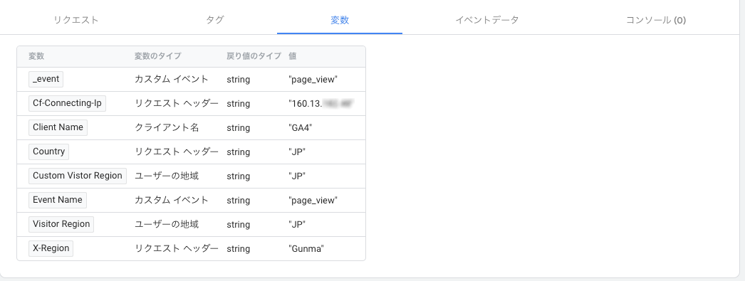 GTMプレビューの変数タブ